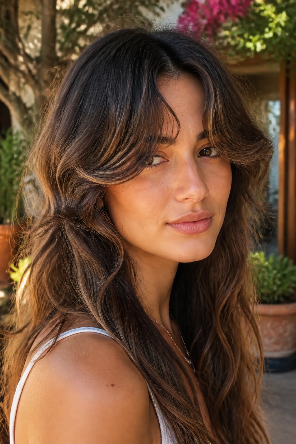 Close-up portrait of a real woman with wavy ribbon bangs curling around the face in golden hour light.