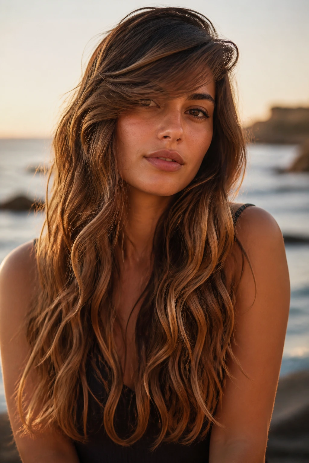 Person with long wavy ribbon layers and a soft side-swept fringe