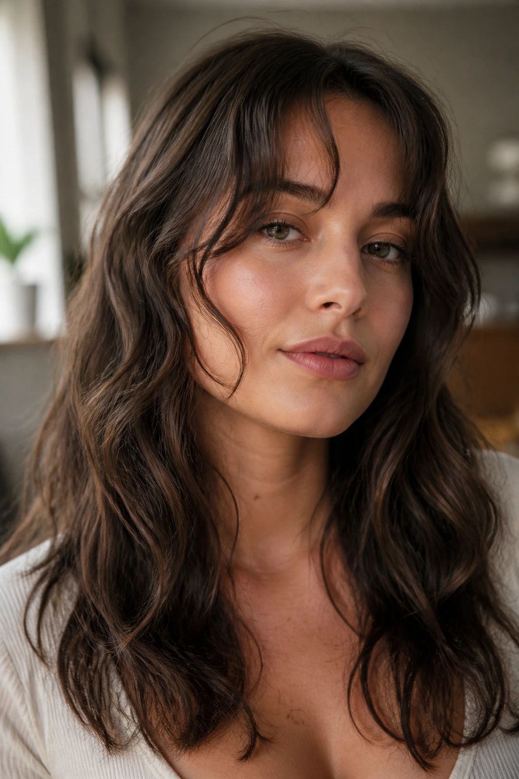 Close-up of real woman with wavy S-curve fringe framing eyes.