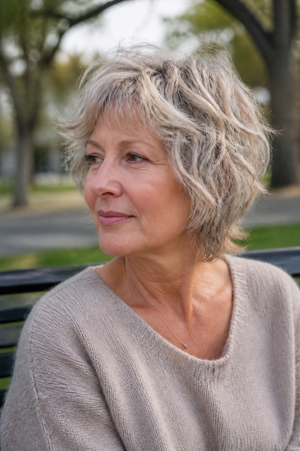 Close-up of a woman with a wavy air-dried shag, slightly messy for natural texture.
