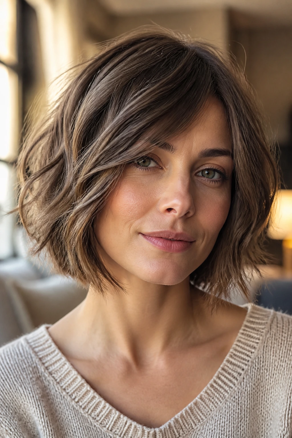 Close-up of a real woman with a wavy shag bob and piecey layers in warm window light
