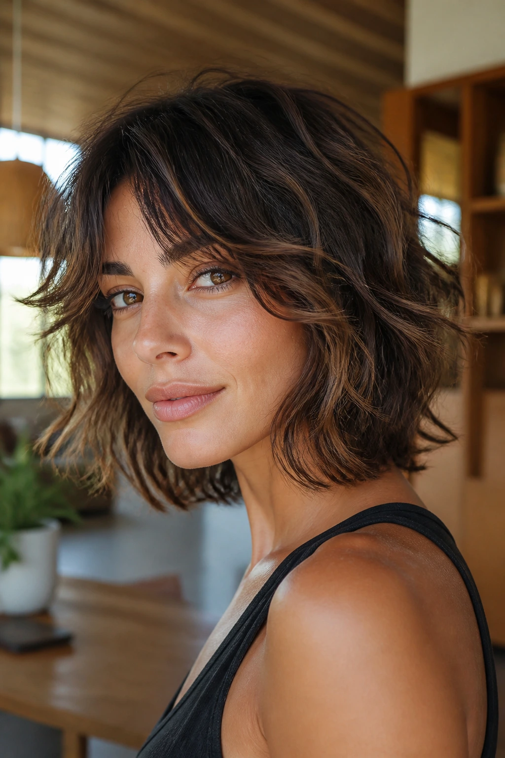 Close-up portrait of a real woman with a wavy shag bob showing textured layered ends