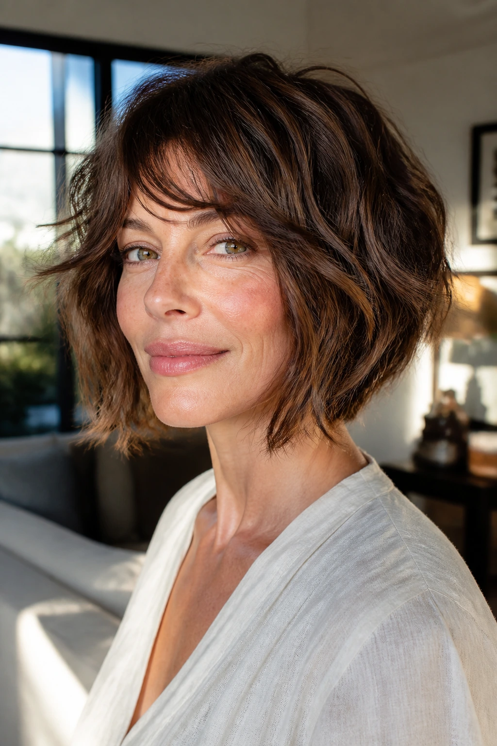 Close-up of a real woman with a wavy inverted bob showing loose layers and natural movement in window light
