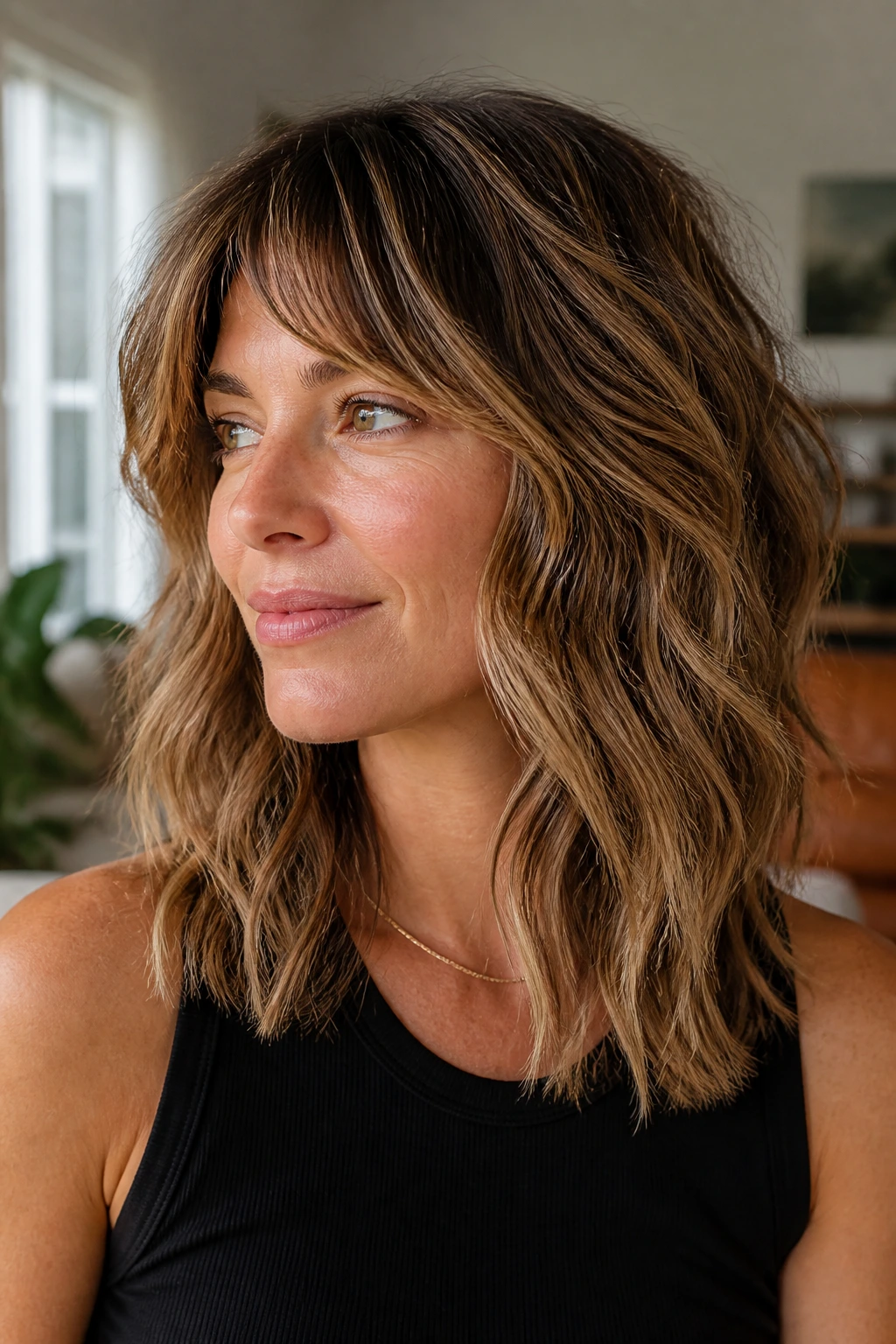 Close-up of a real woman with wavy shag and choppy ends and caramel highlights