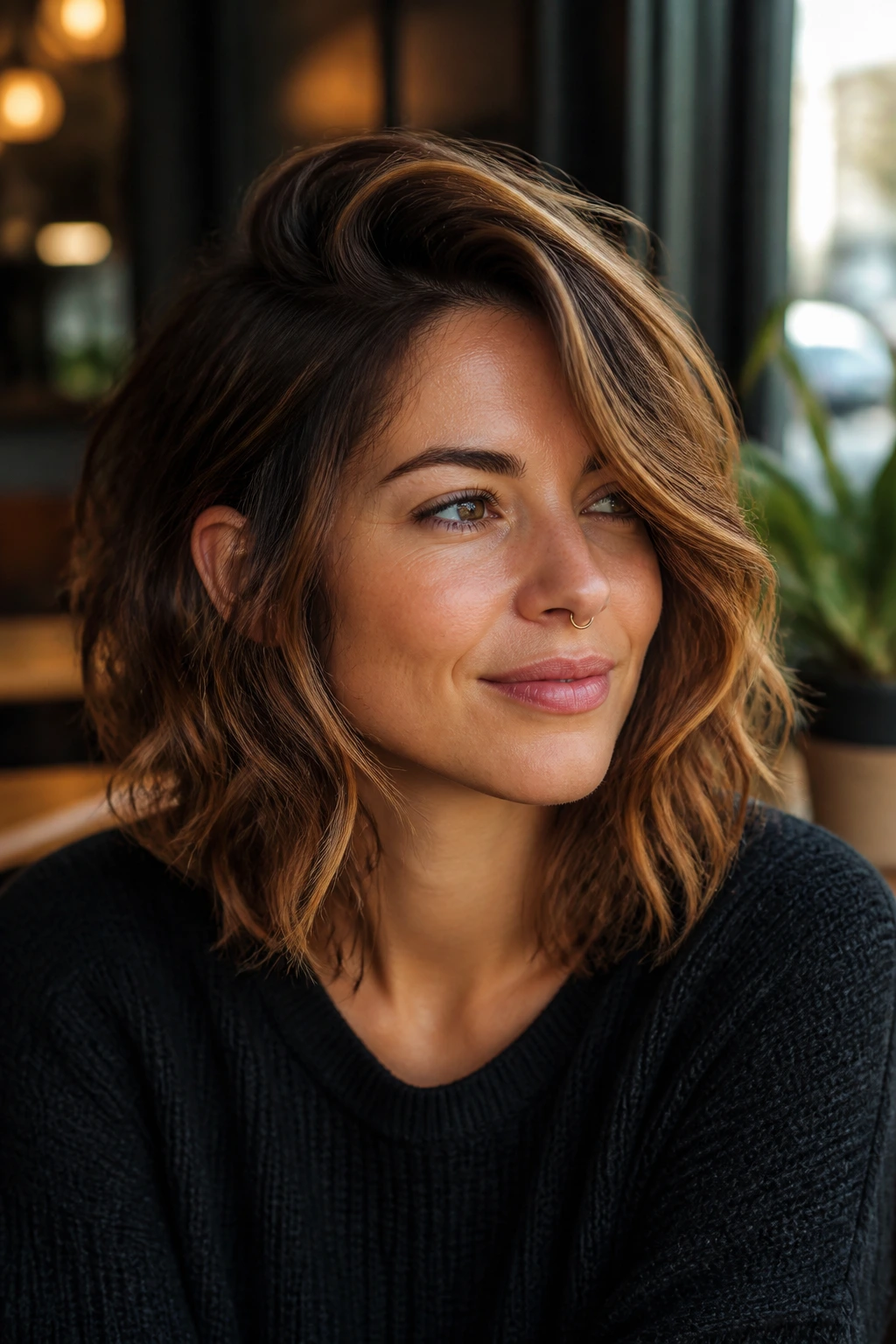 Portrait of a woman with wavy mini shag and deep side part with caramel highlights.