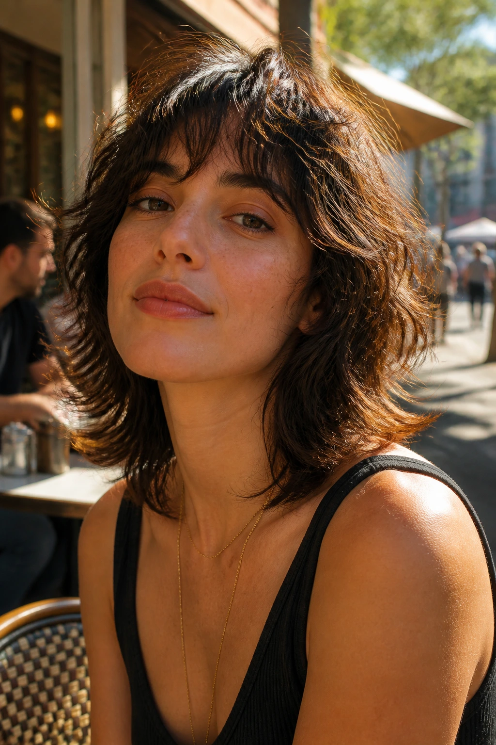 Portrait of a woman with wavy shag and flipped-out ends in warm outdoor light