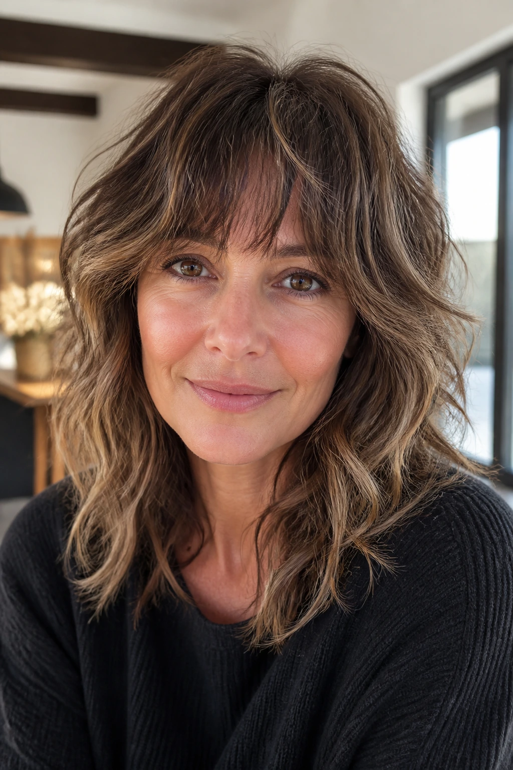 Close-up of a woman with a wavy shag fringe in natural light