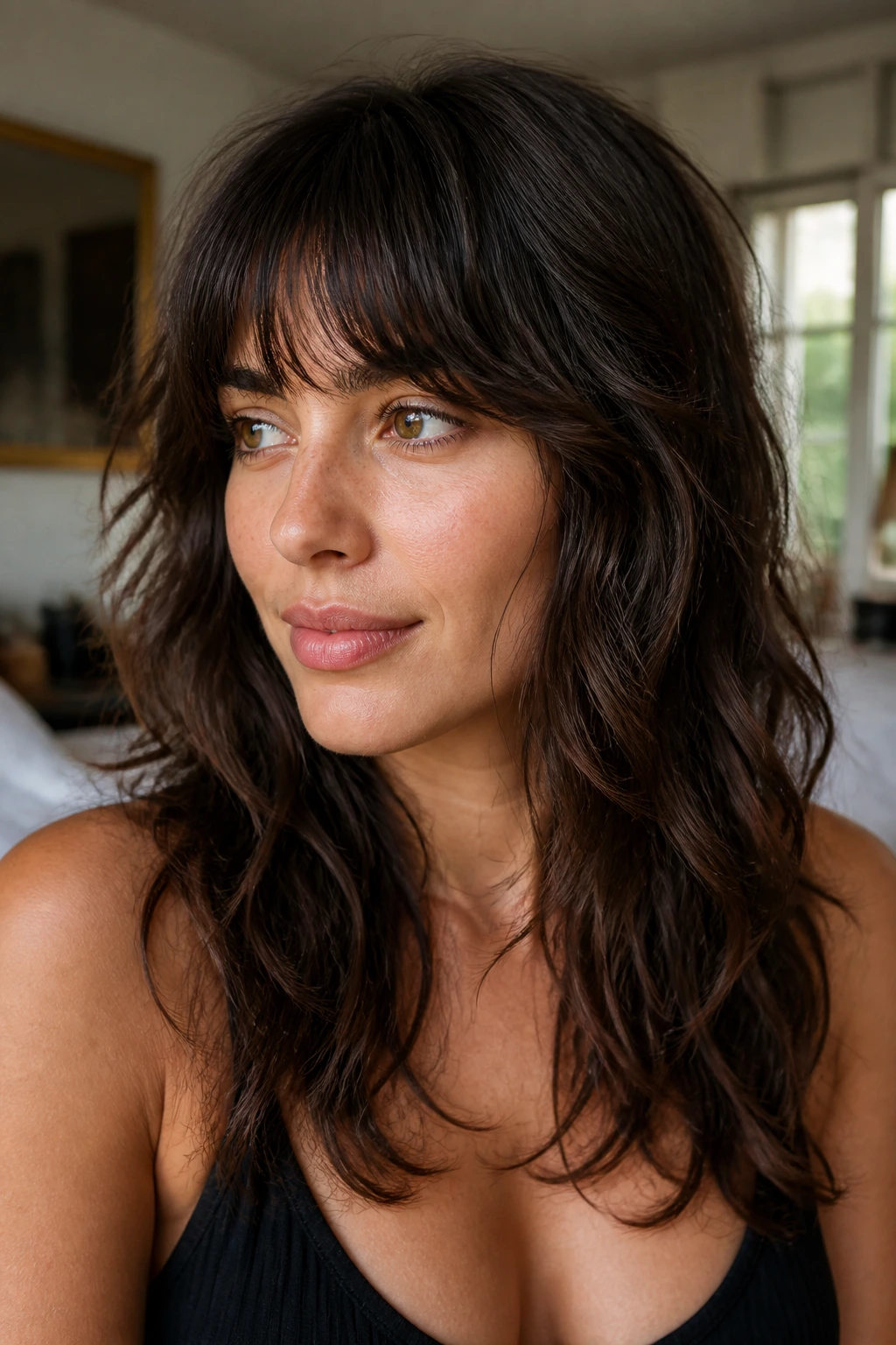 Close-up of brunette with wavy shag fringe blending into layers