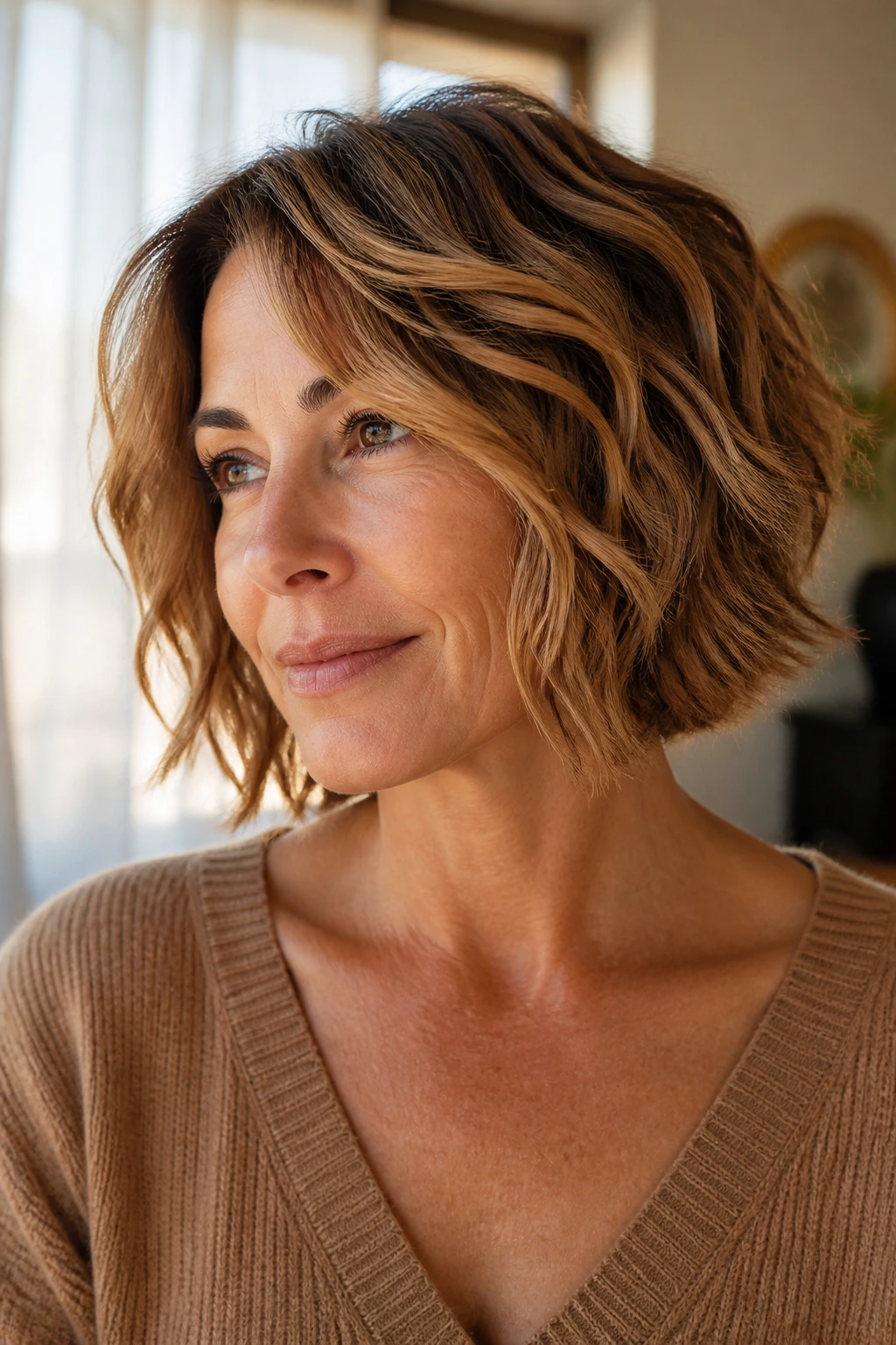 Close-up of a real woman with a wavy shag bob and caramel ribbon highlights