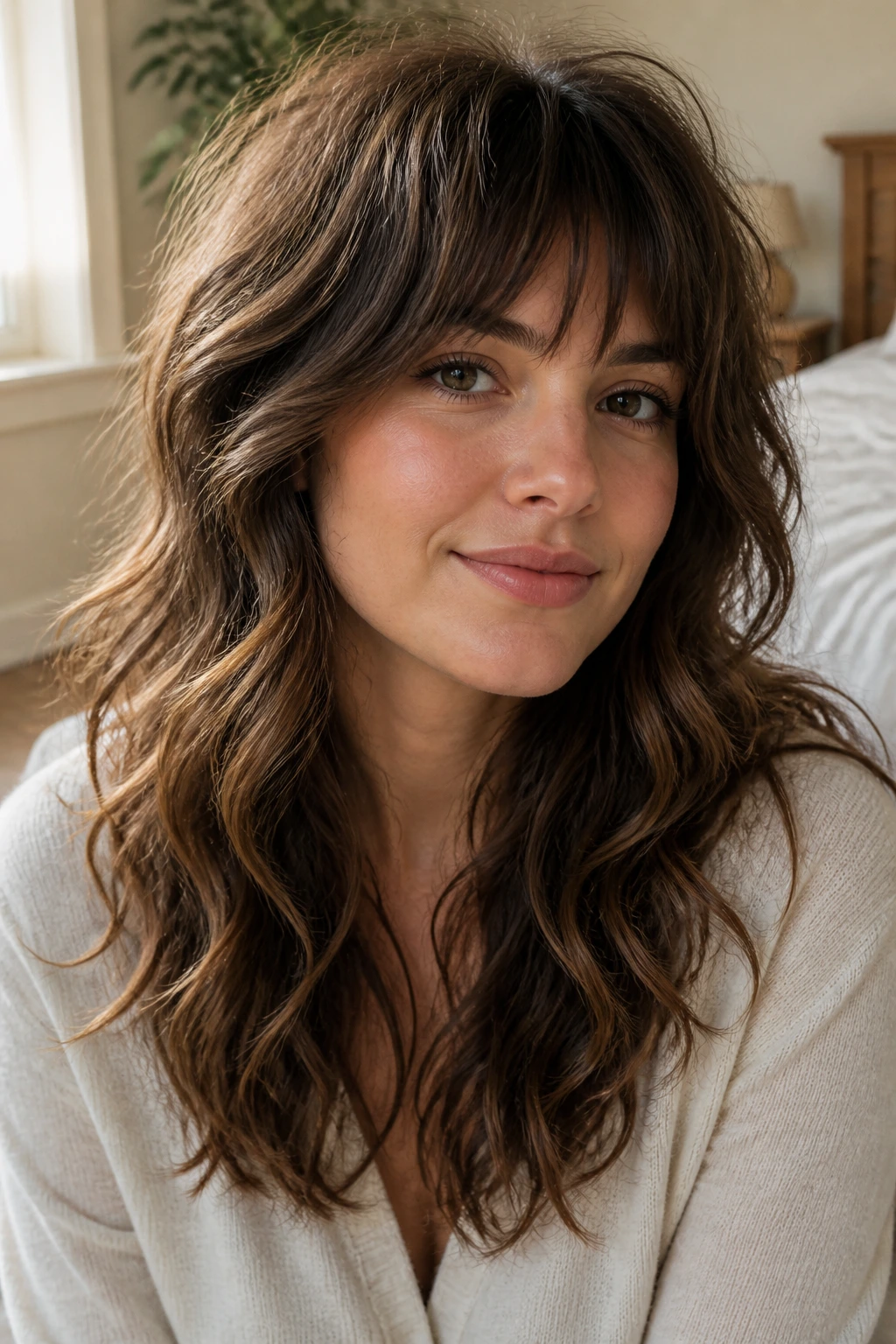 Close-up portrait of a woman with a long layered wavy shag and soft fringe