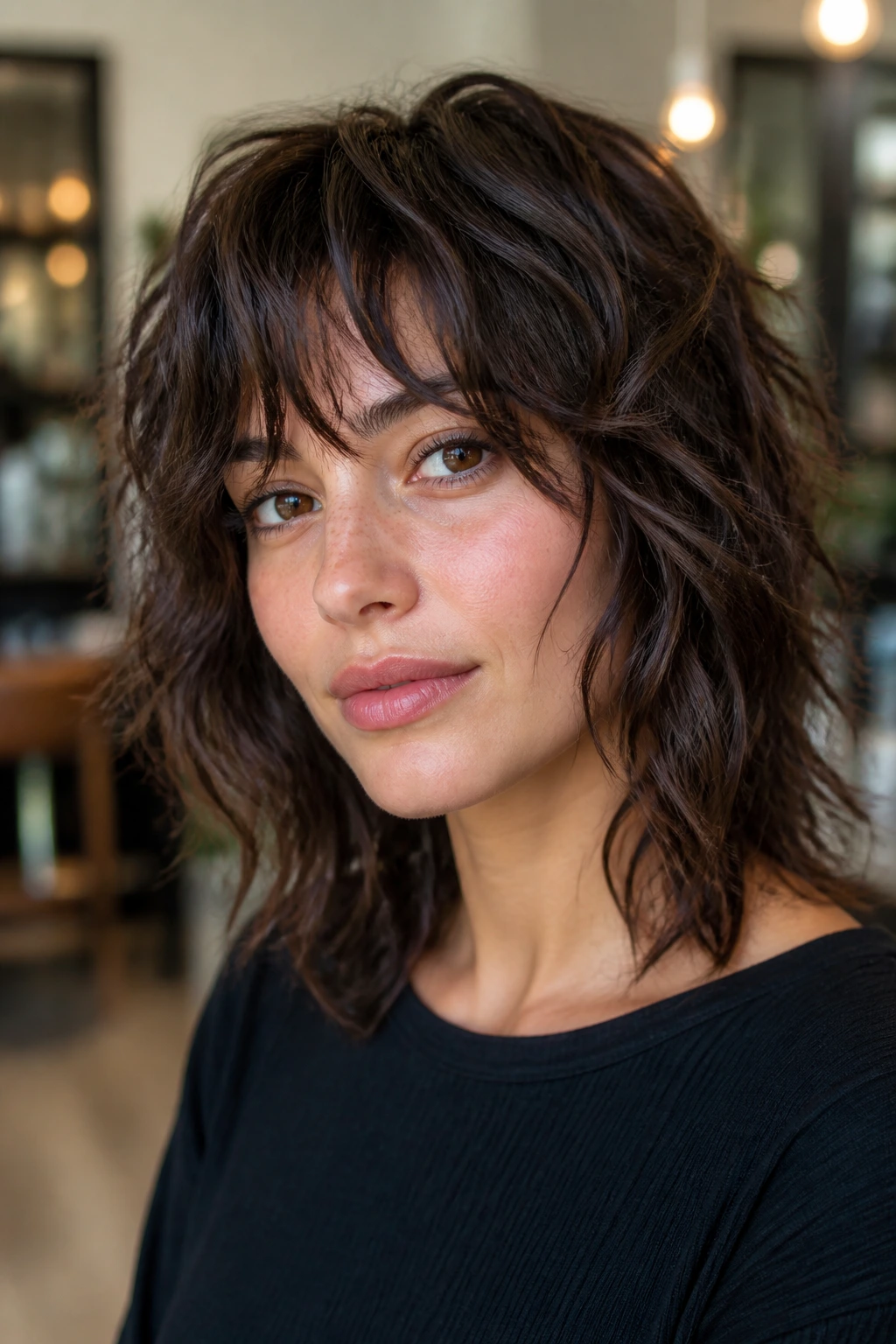 Close-up portrait of a real woman with a wavy shag and piecey S-bends around the cheeks.