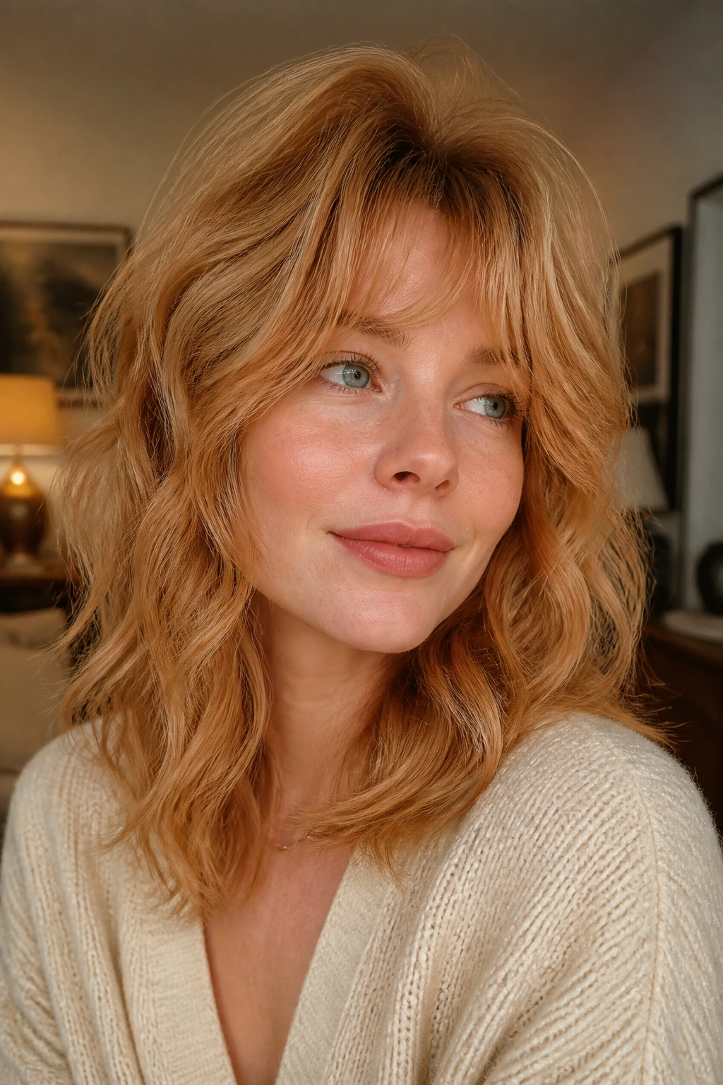 Close-up portrait of a real woman with wavy shag strawberry-blonde texture