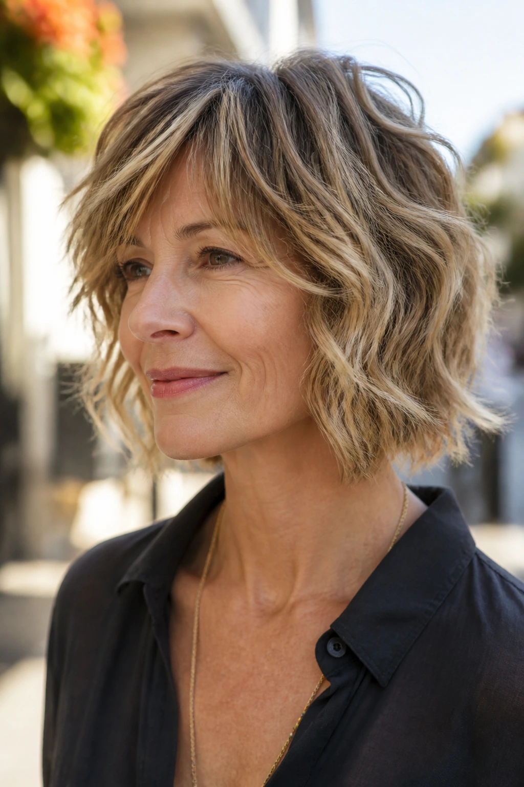 Close-up of a real woman with a wavy shaggy bob in sunlit street