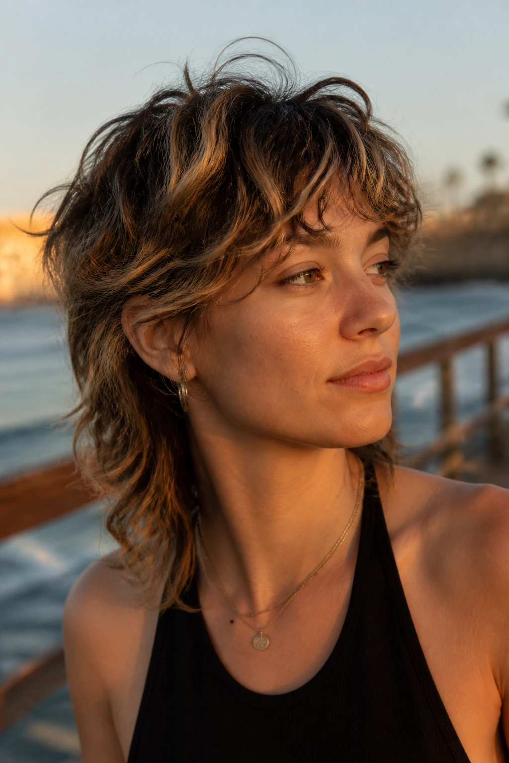 Close-up of a woman with a wavy shullet and dimensional babylights