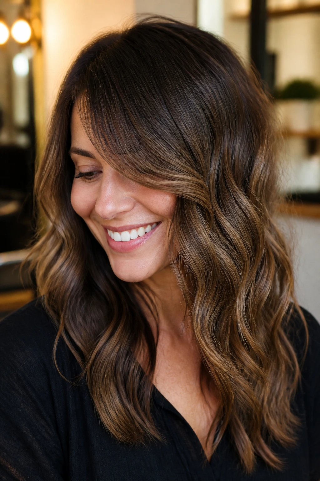 Close-up of a real woman with wavy side bangs blending into length