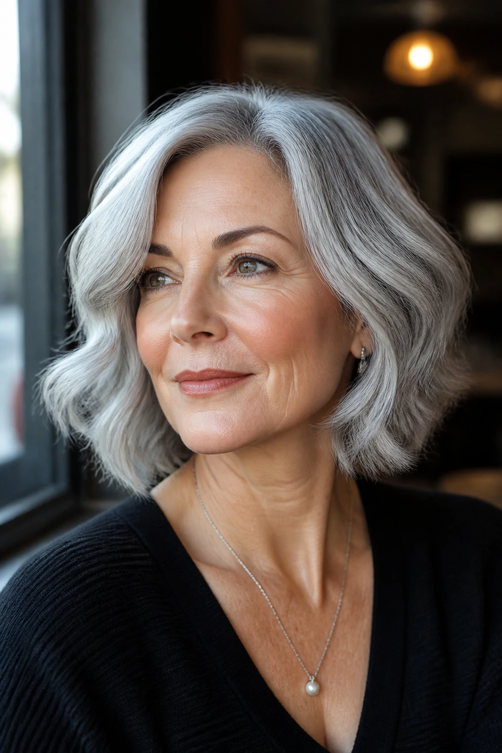 Close-up portrait of a real woman with a wavy silver bob in a cafe setting.