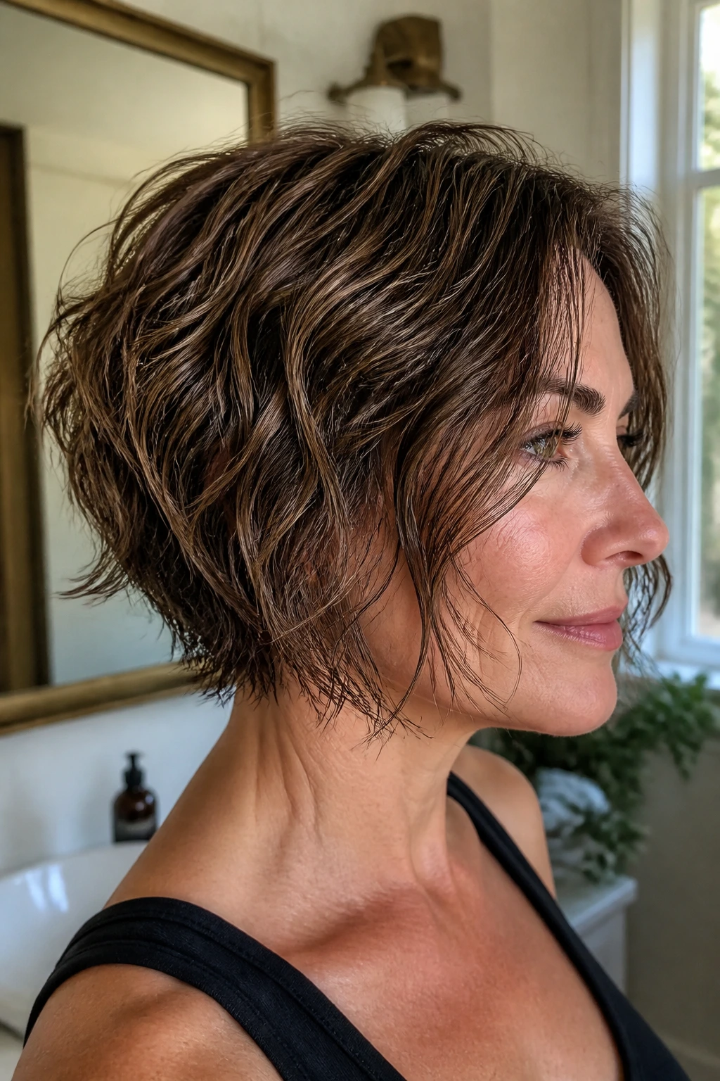 Real woman with a wavy stacked bob in a warm home setting