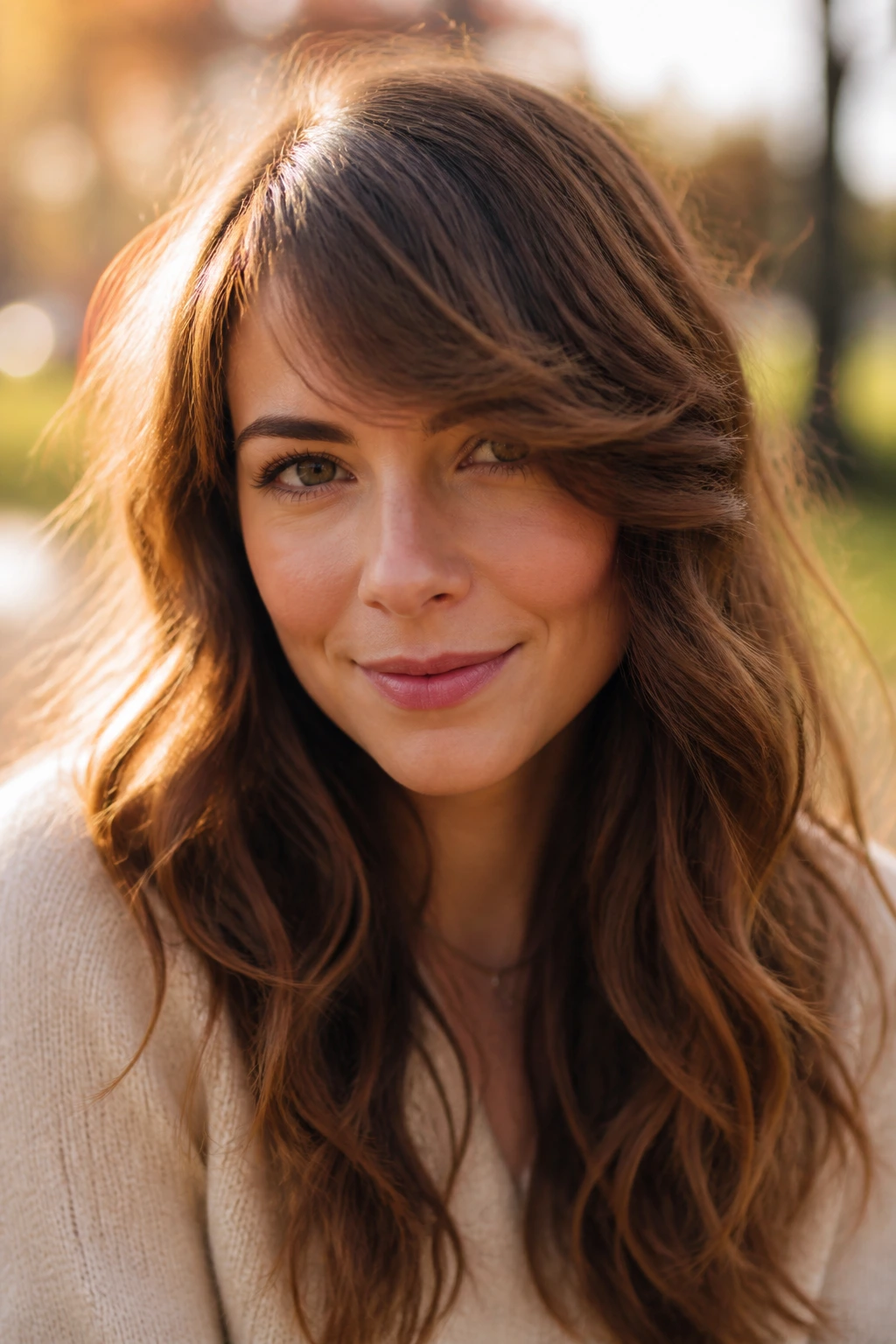Real woman with a wavy sweeping fringe showing bend and texture.