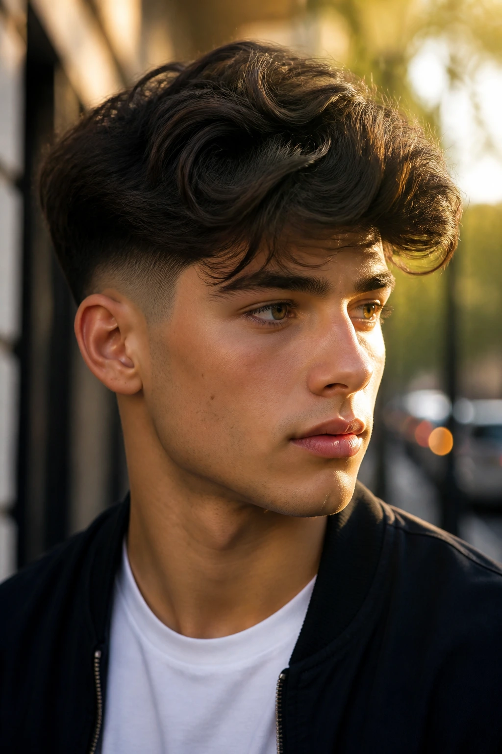 Close-up of a boy's wavy swoop with temple fade hairstyle