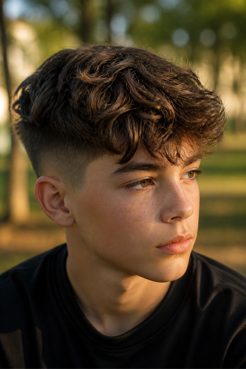 Close-up of a real boy with wavy thick hair undercut showing natural waves