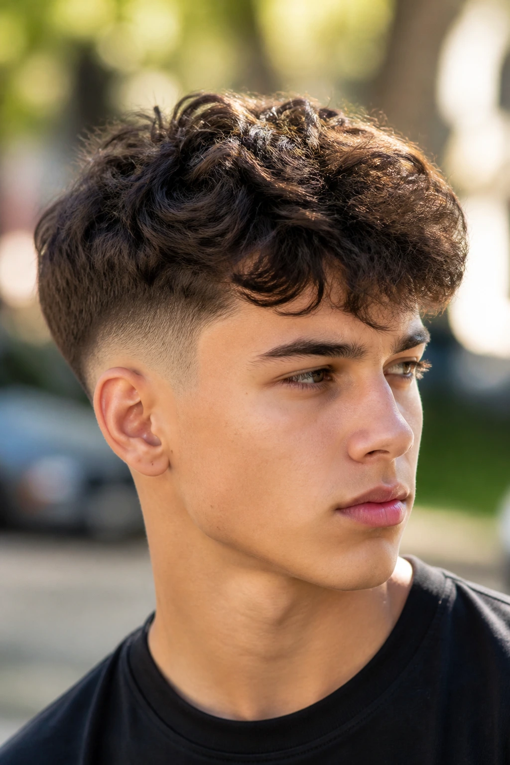 Teen boy with wavy top and temple fade portrait