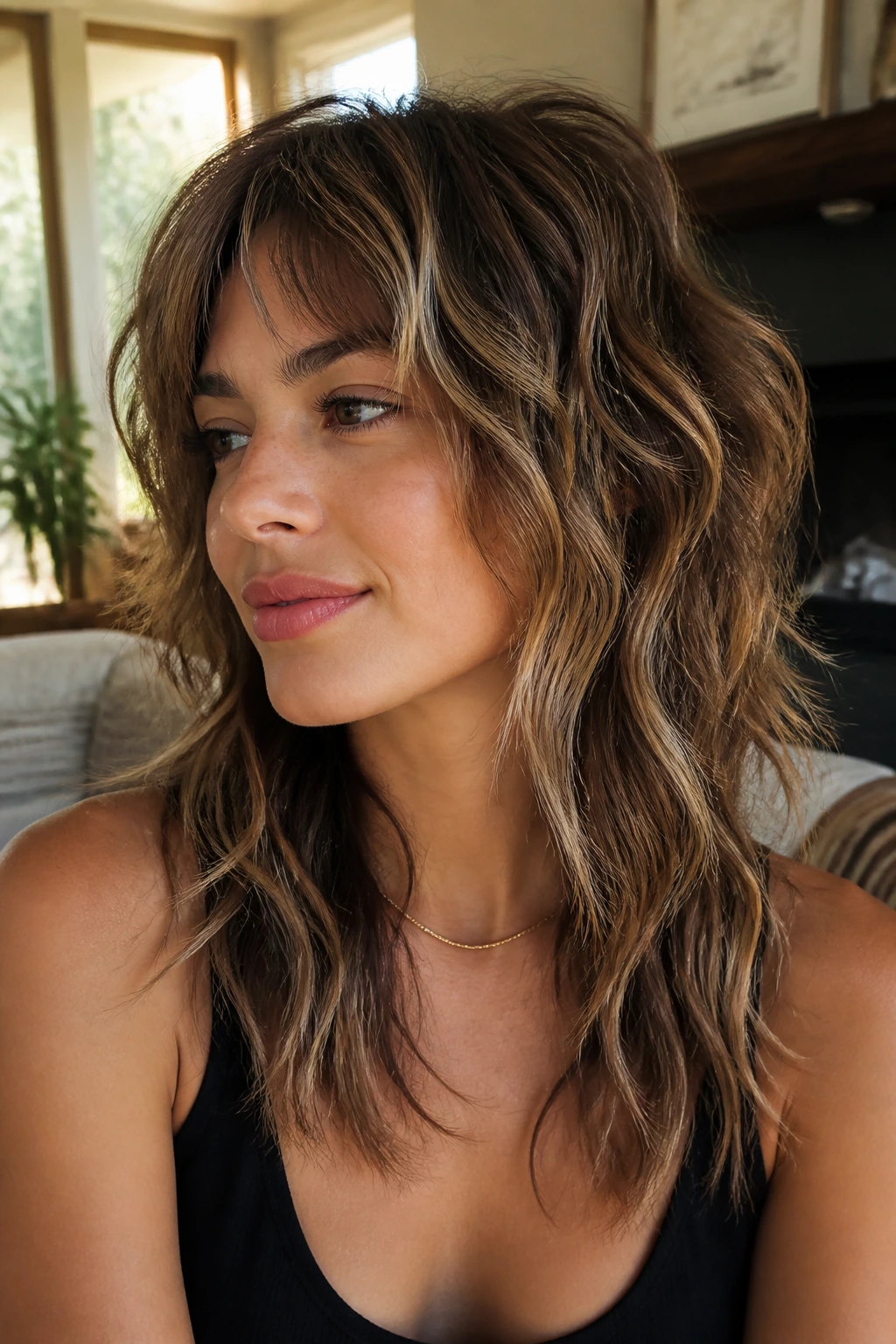 Close-up portrait of a real person with a wavy wolf cut and babylights.