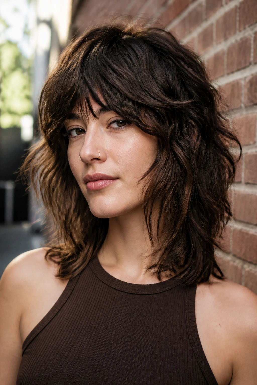 Close-up of a woman with a wavy wolf cut and broken texture against a brick wall