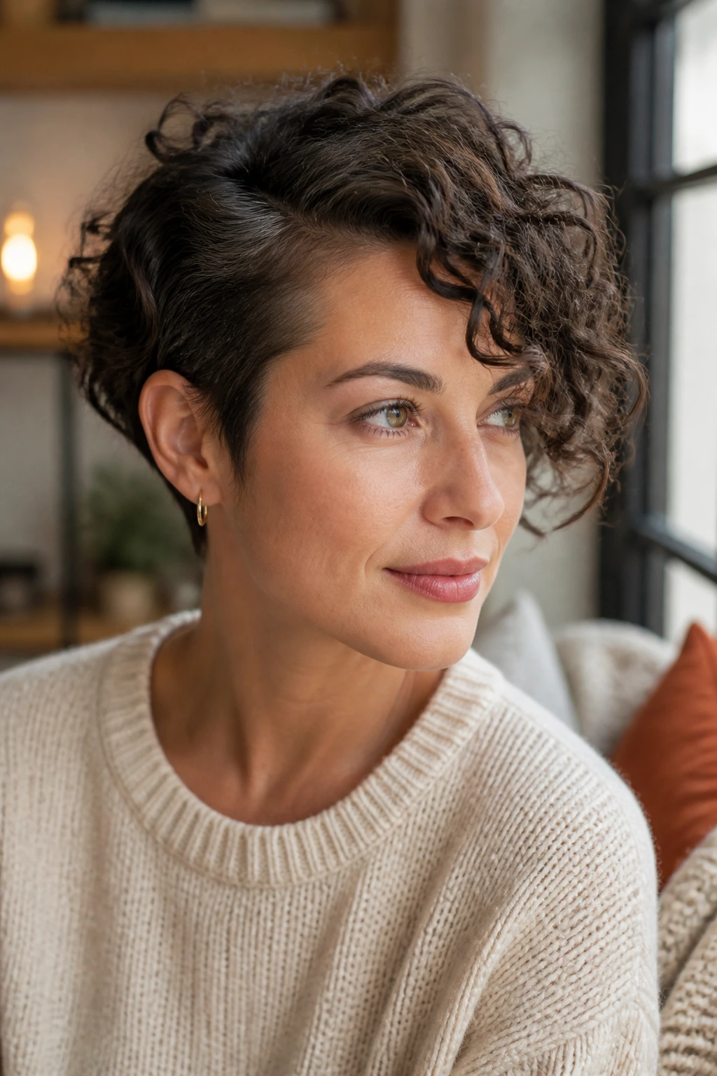 Portrait showing how to wear asymmetrical curls with a diagonal line