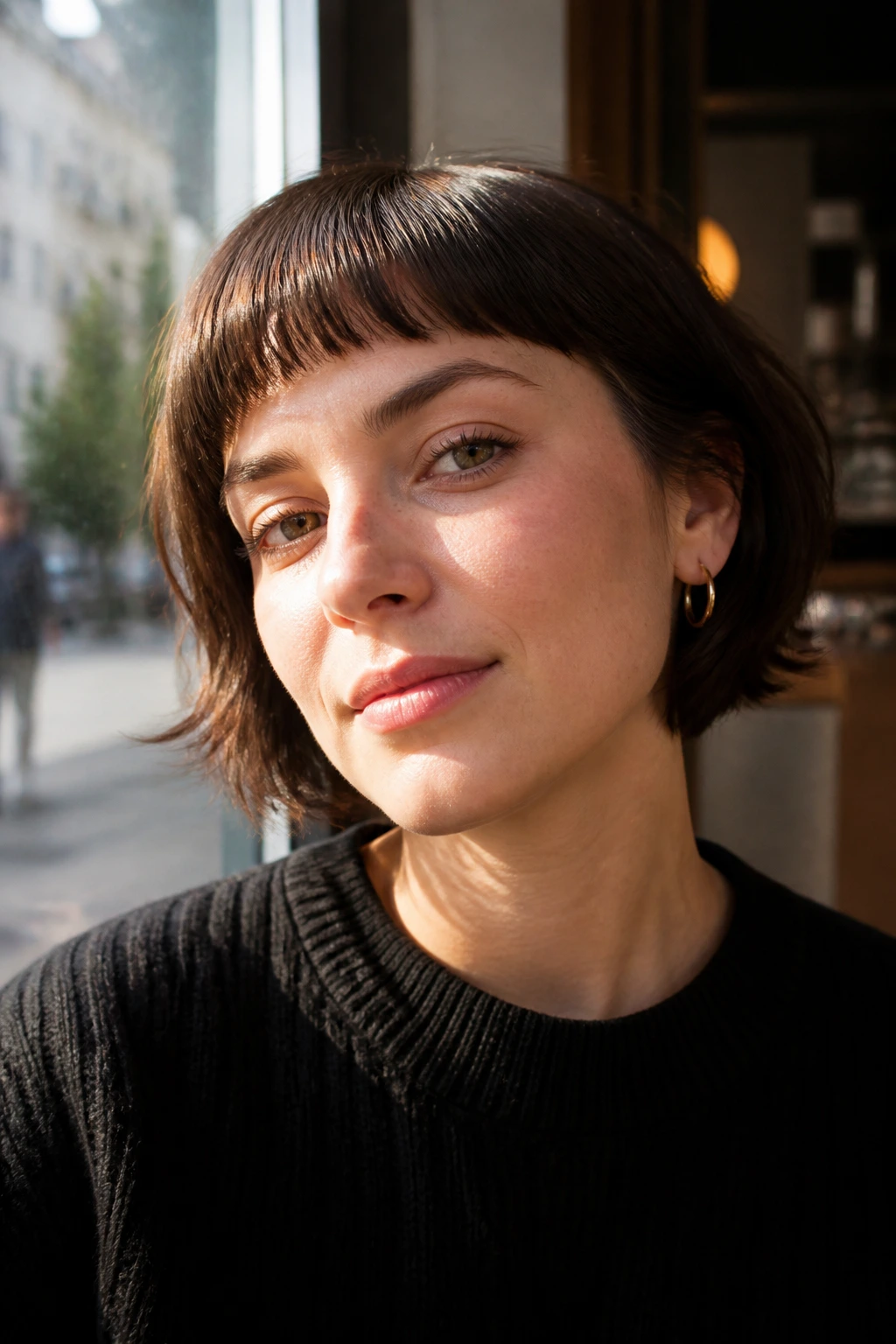 Real person wearing short bangs gracefully at a cafe window