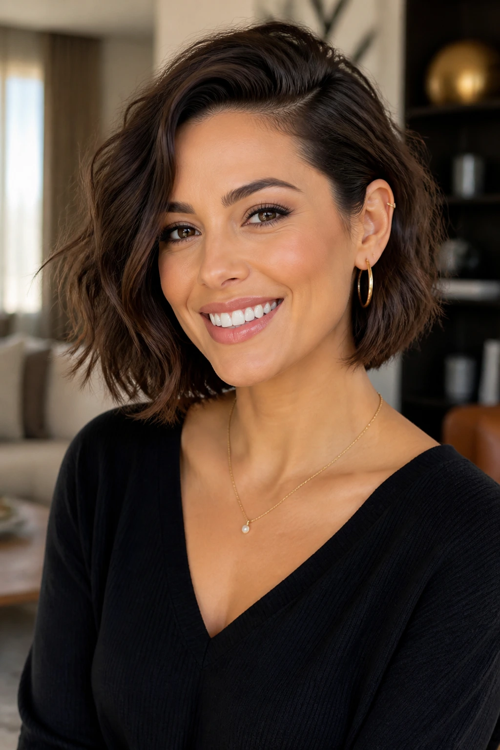 Real woman wearing a bob with one side tucked behind the ear