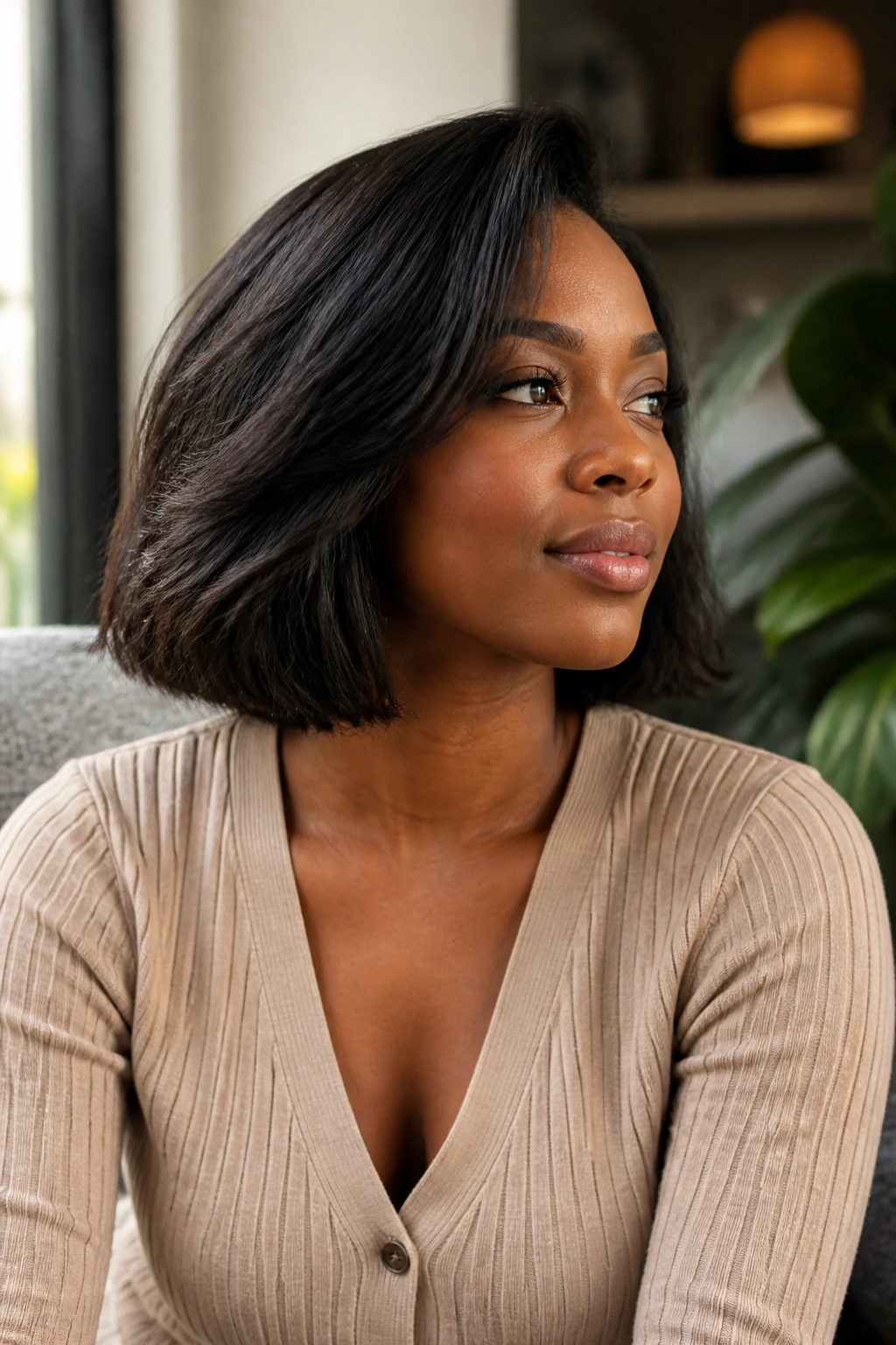Portrait of a real woman wearing a modern bob with soft bend