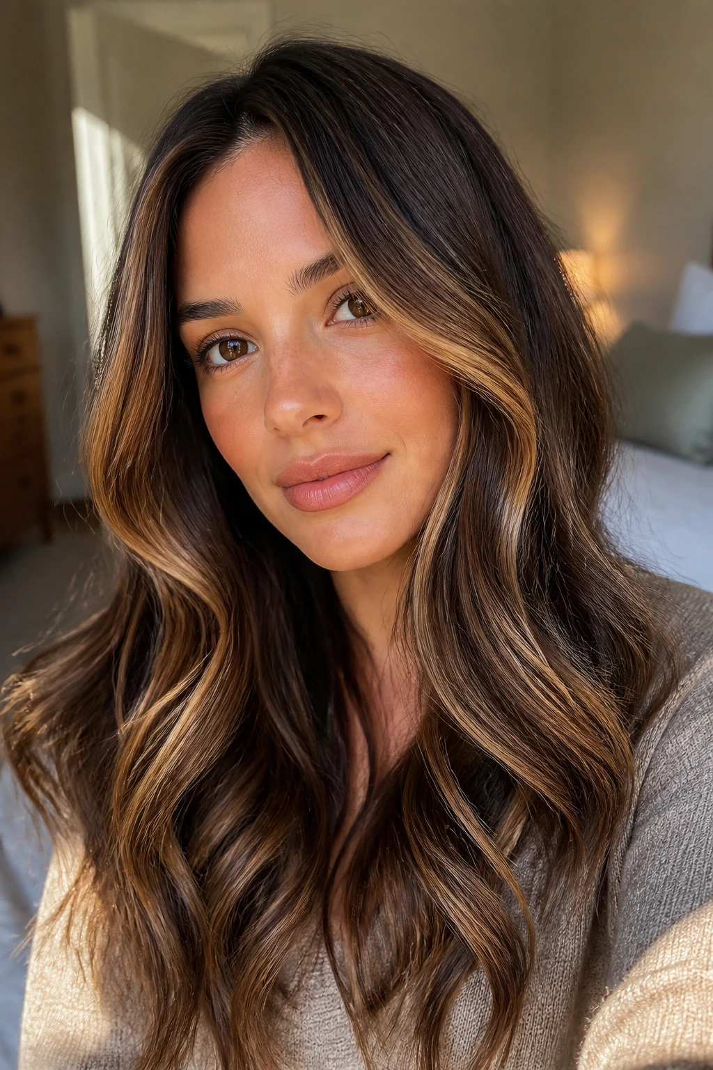 Woman with waves showing caramel ribbons around face in warm light