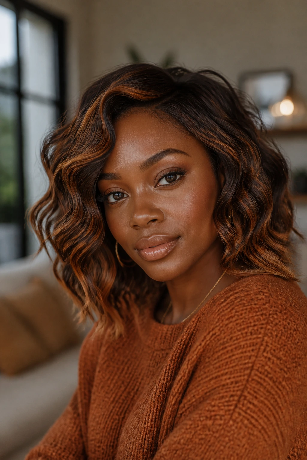Portrait of a person with warm highlights and rust-colored clothing