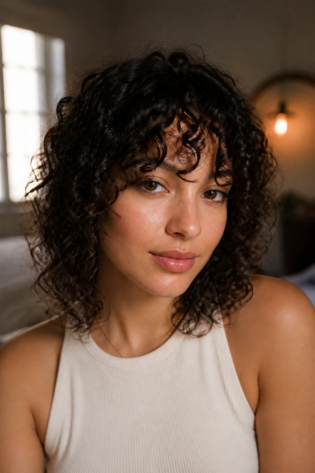 Portrait of a real person wearing curly bangs and a relaxed expression.