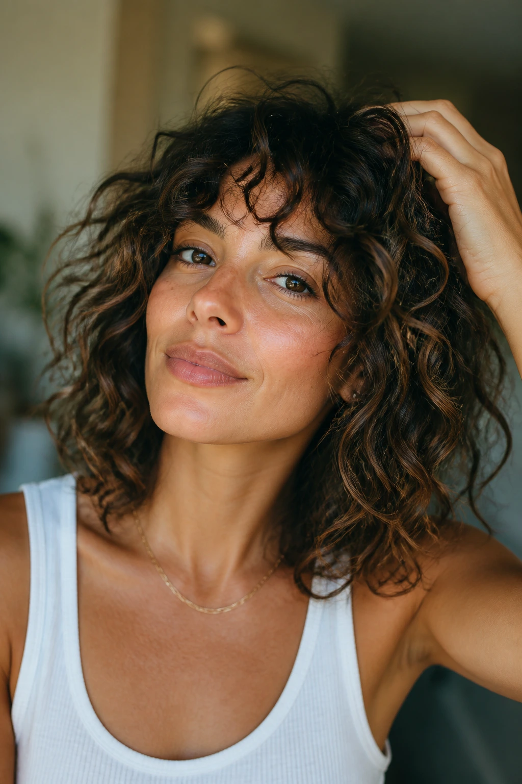 Confident person wearing a curly cut and adjusting hair at home