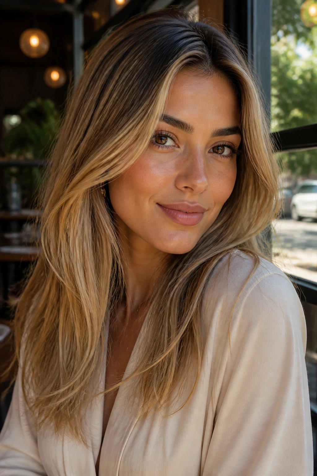 Real person with polished golden blonde shades in a stylish setting