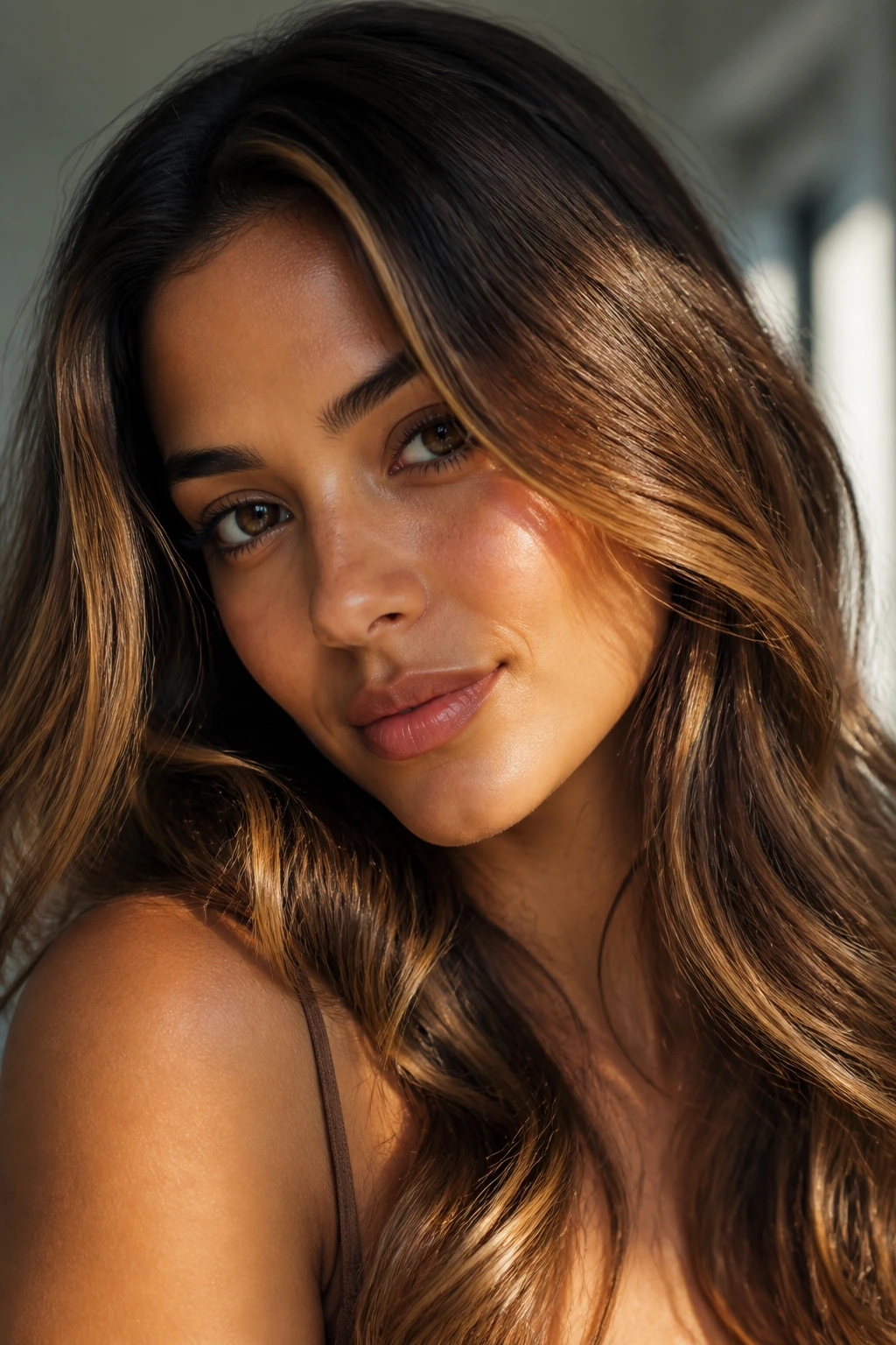 Portrait showing golden brown highlights in loose waves