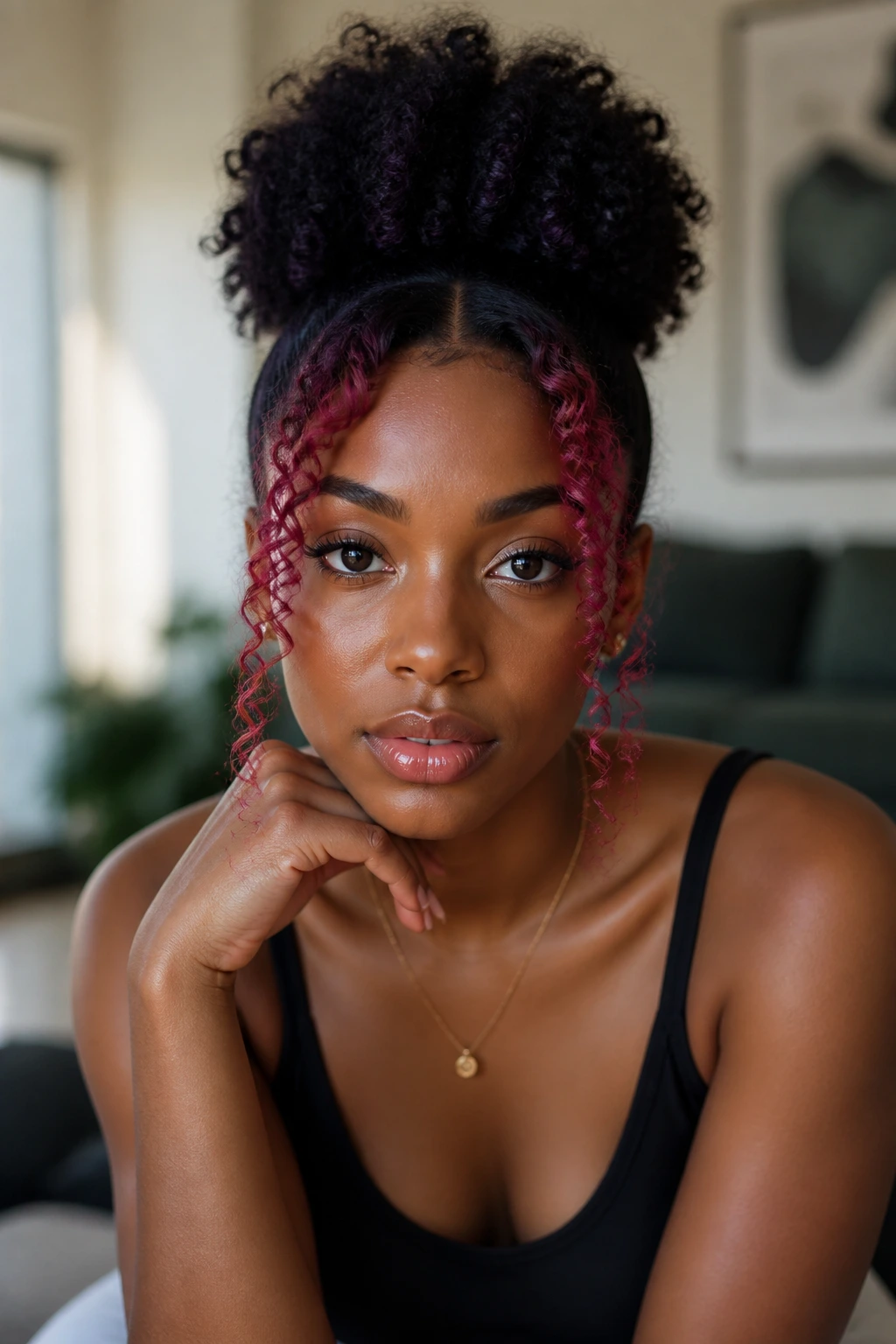 Portrait of a woman showing front-framed colored tips in her hair