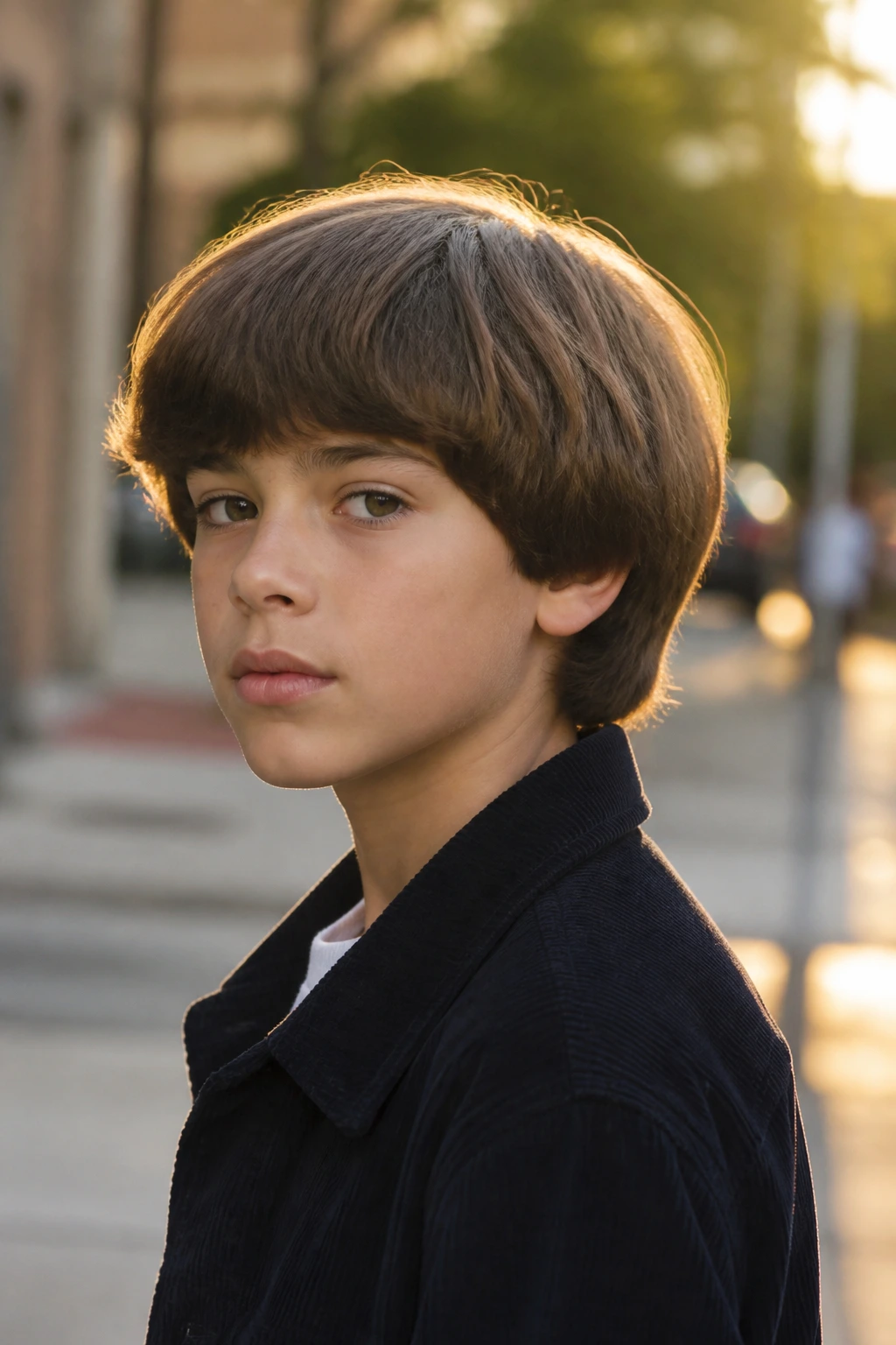 Outdoor portrait of a boy with a pageboy hairstyle at golden hour