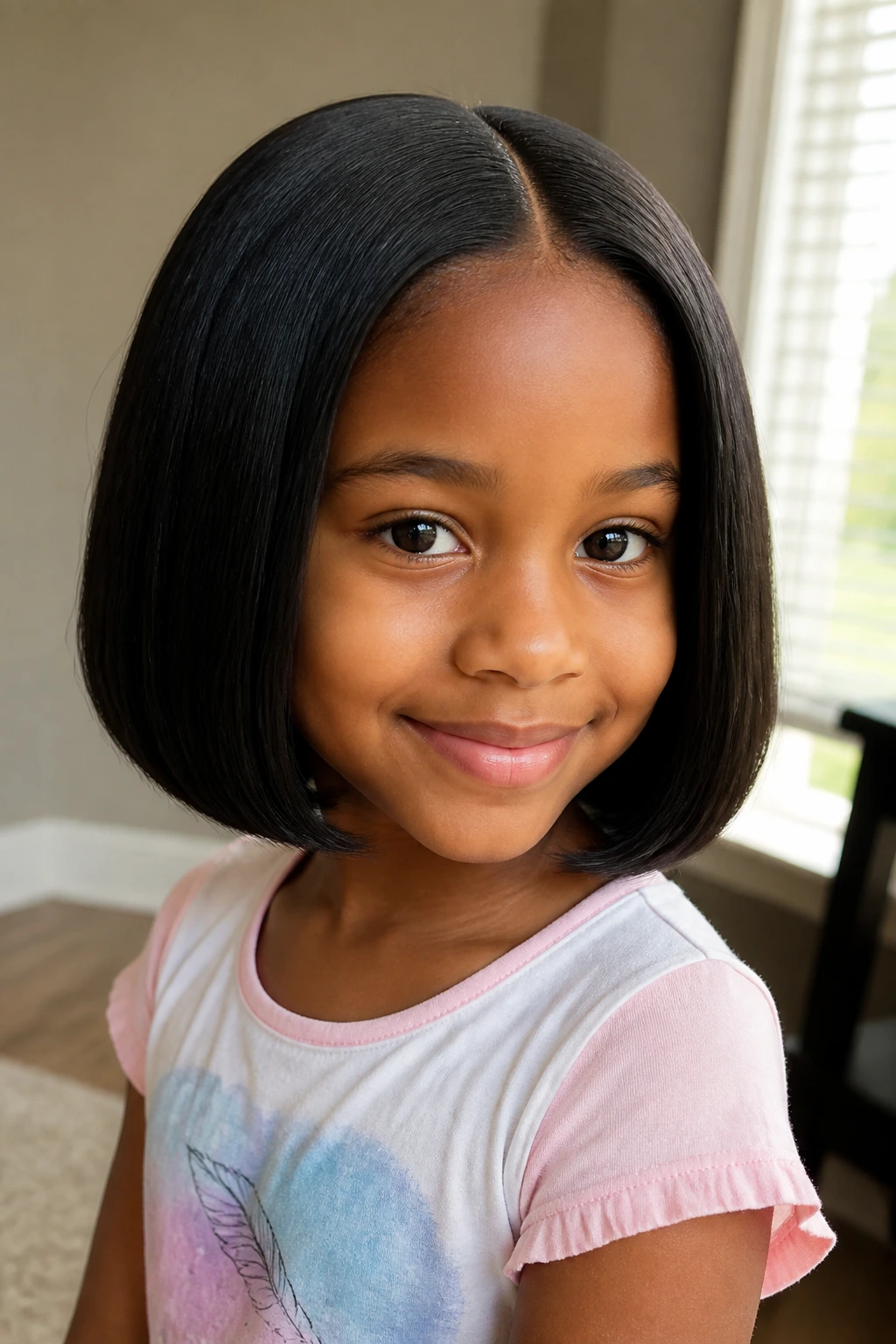 Child with chin-length bob wearing neat center part in warm daylight