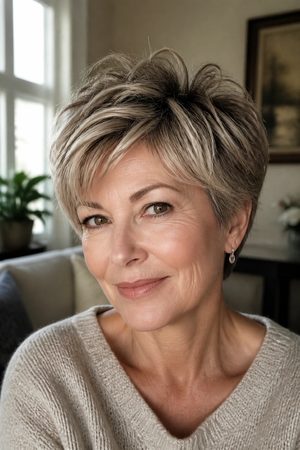 Portrait of real woman with shag pixie showing lift and texture in window-lit room