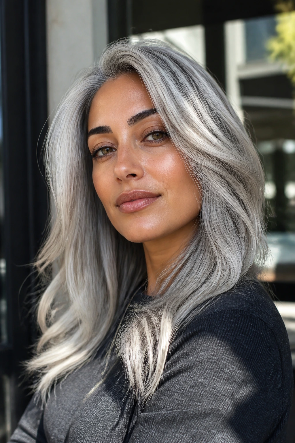 Portrait of a real person with silver hair styled for olive skin in daylight
