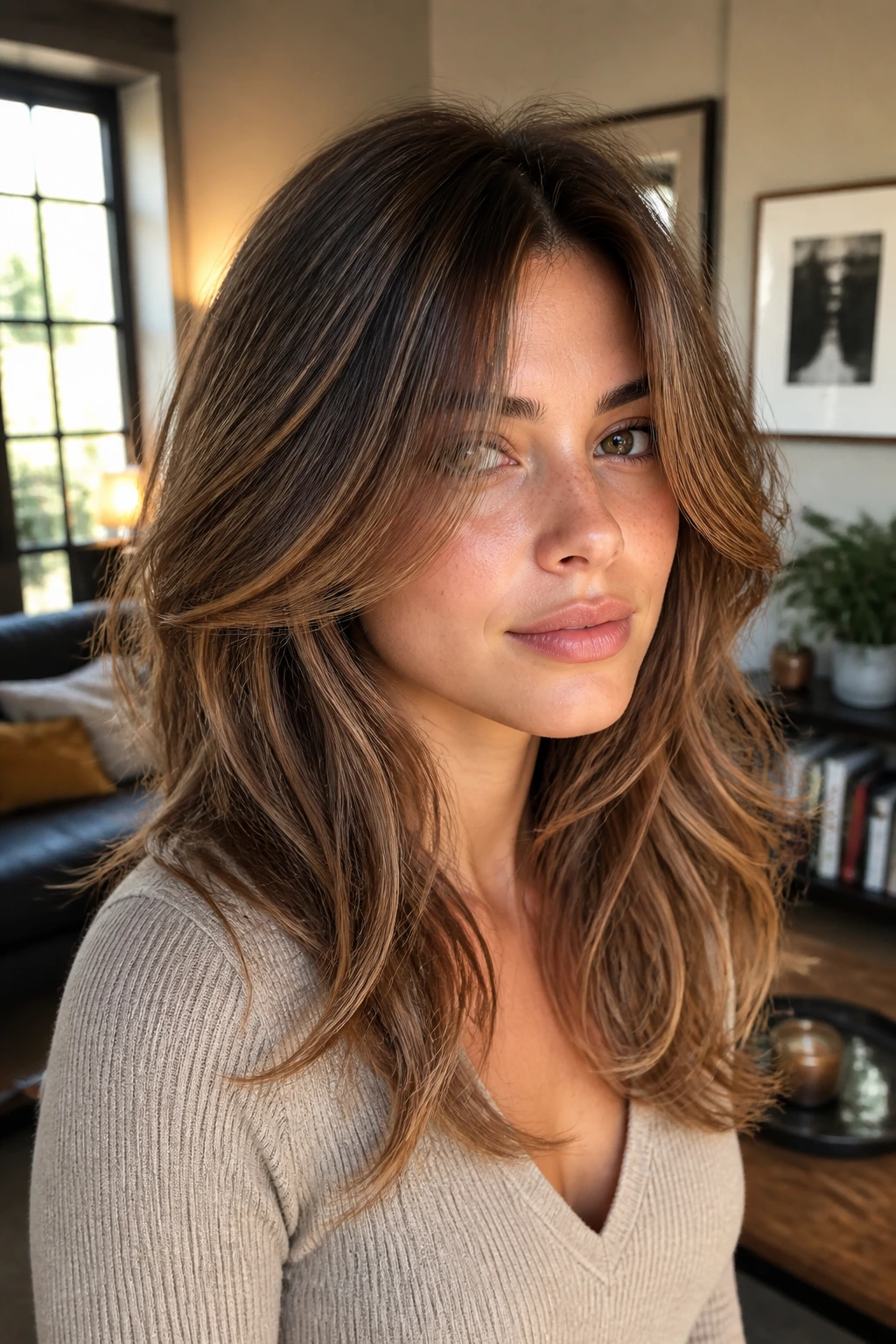 Portrait of a woman showing how to wear and style shag cuts with bent front pieces.