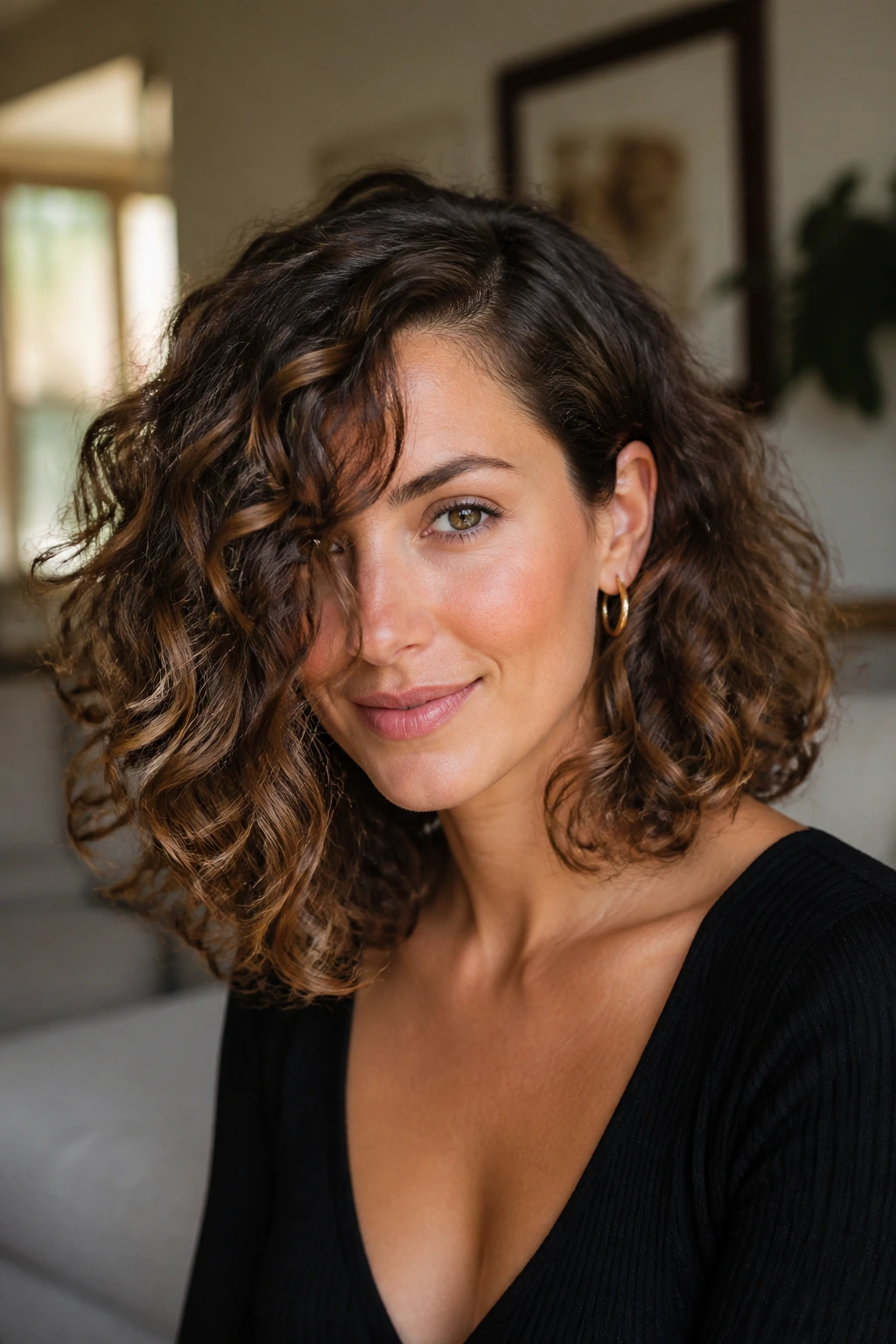 Real person wearing shoulder-length loose curls with front fall and angle