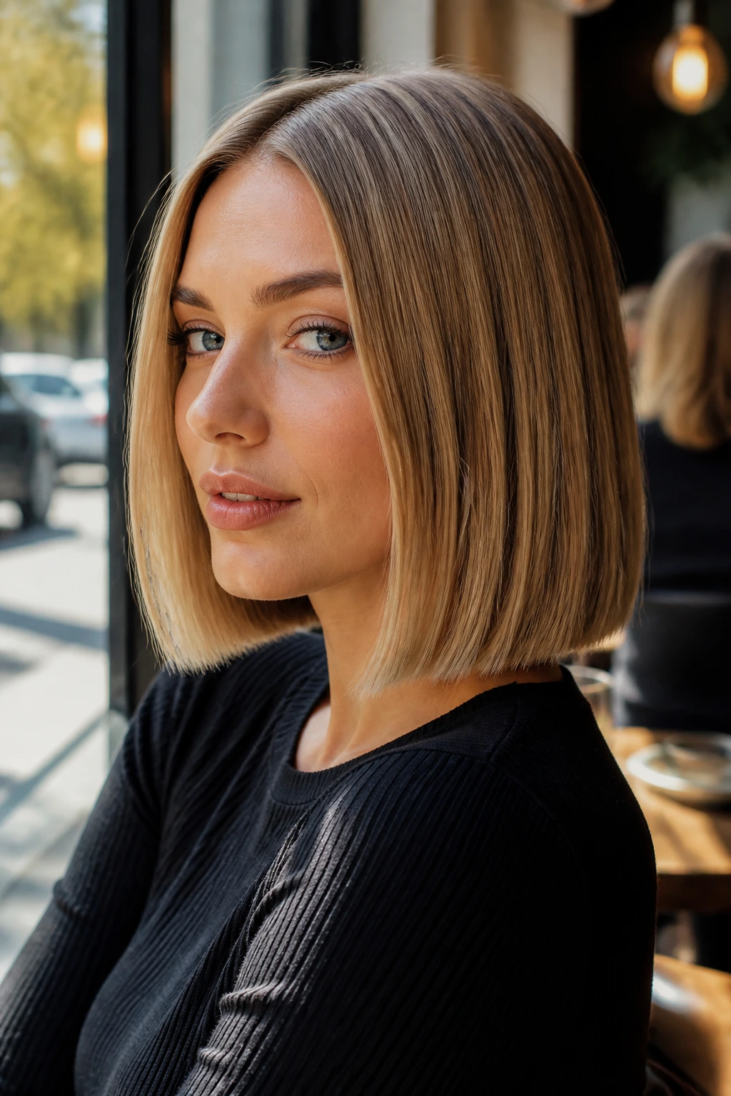 Portrait of a person with a styled straight bob and center part.