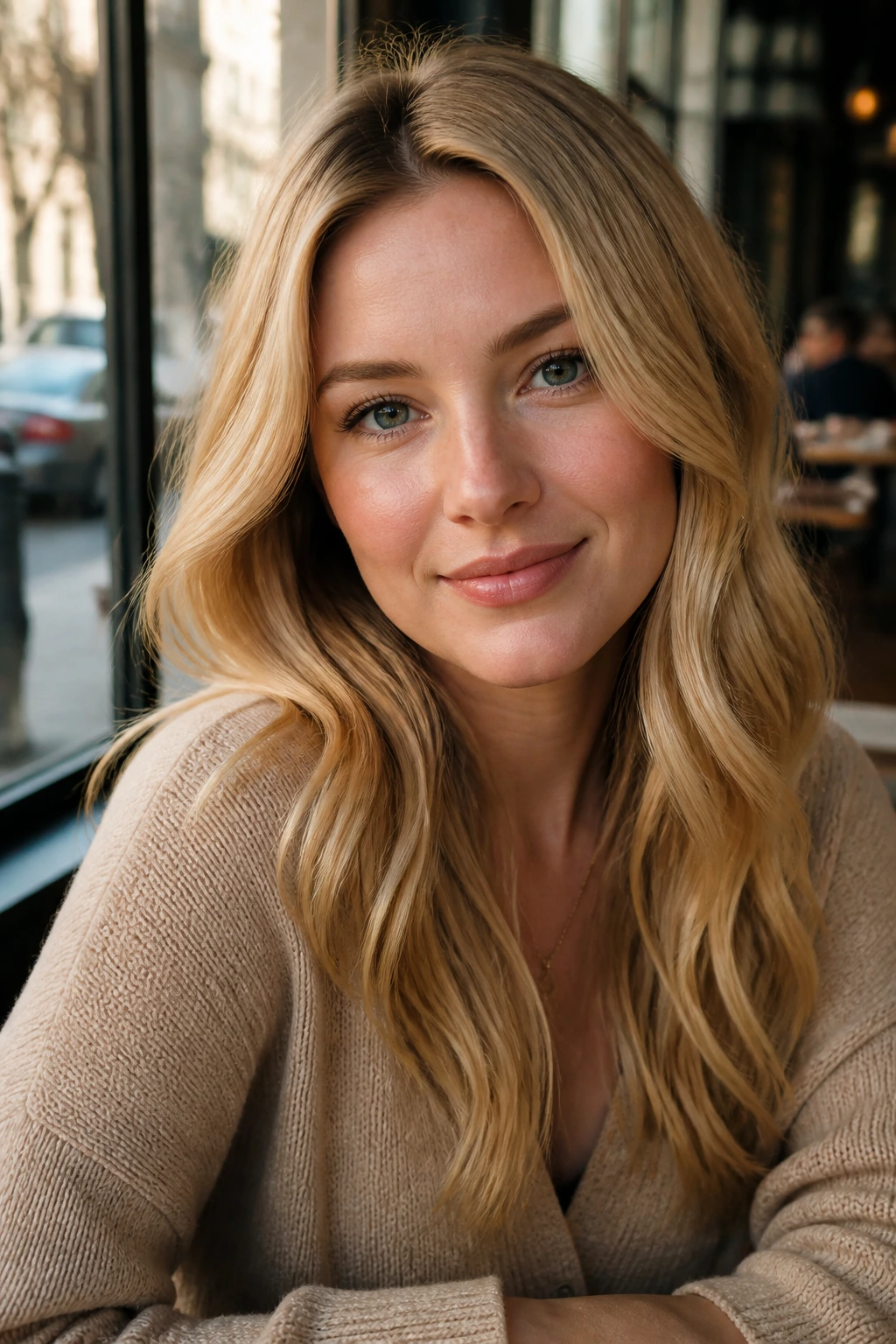 Portrait of a woman with warm blonde hair in a cafe setting