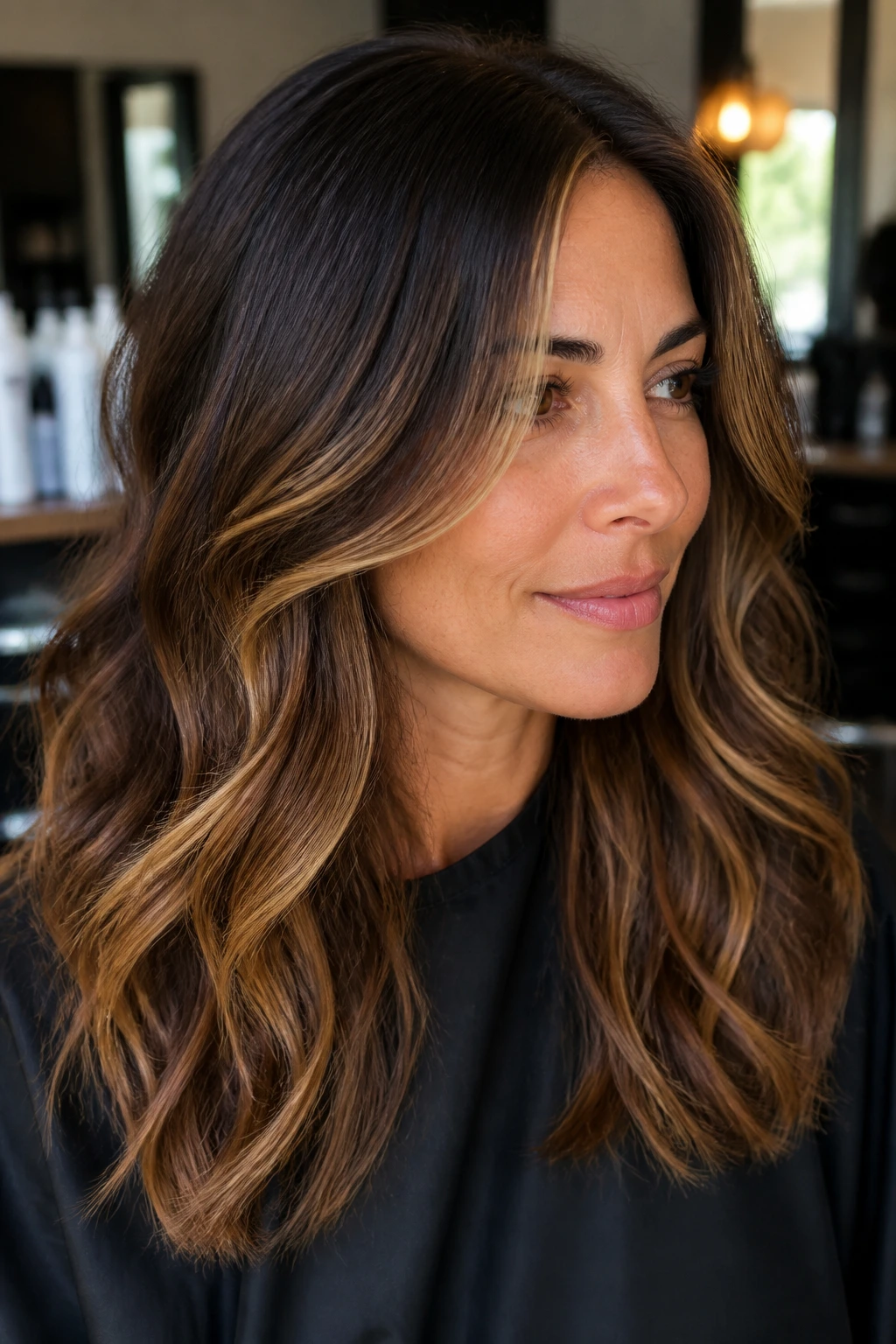 Close-up of a real woman showing face-framing warm highlights in brunette hair