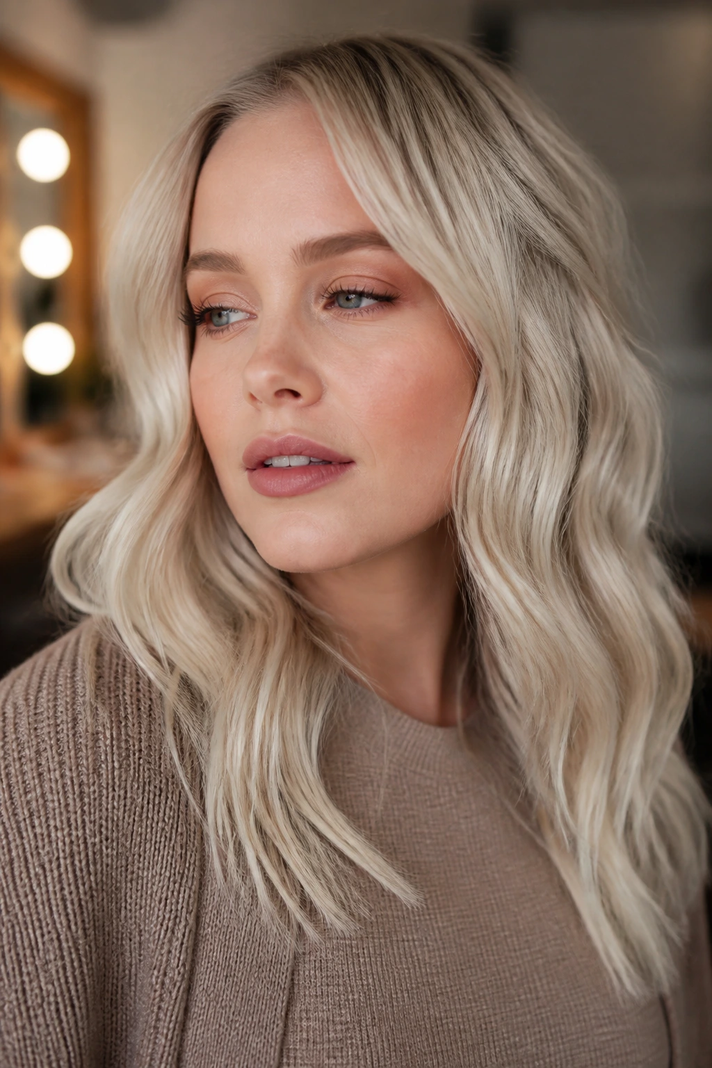 Real person with warm platinum blonde hair styled in soft waves
