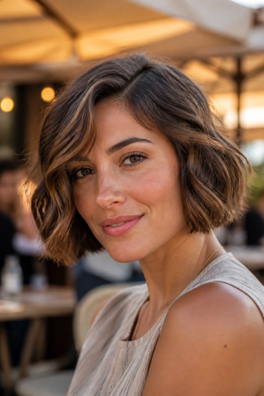 Close-up portrait of a real woman wearing a chin-length wavy bob at golden hour outdoors