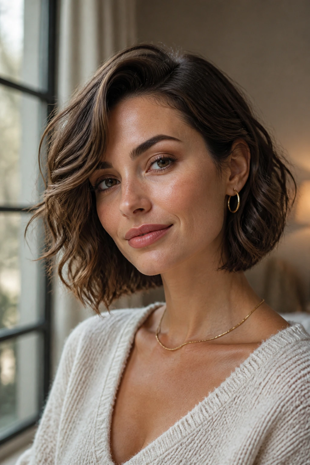 Real woman with a wavy bob wearing it poised and natural in warm light